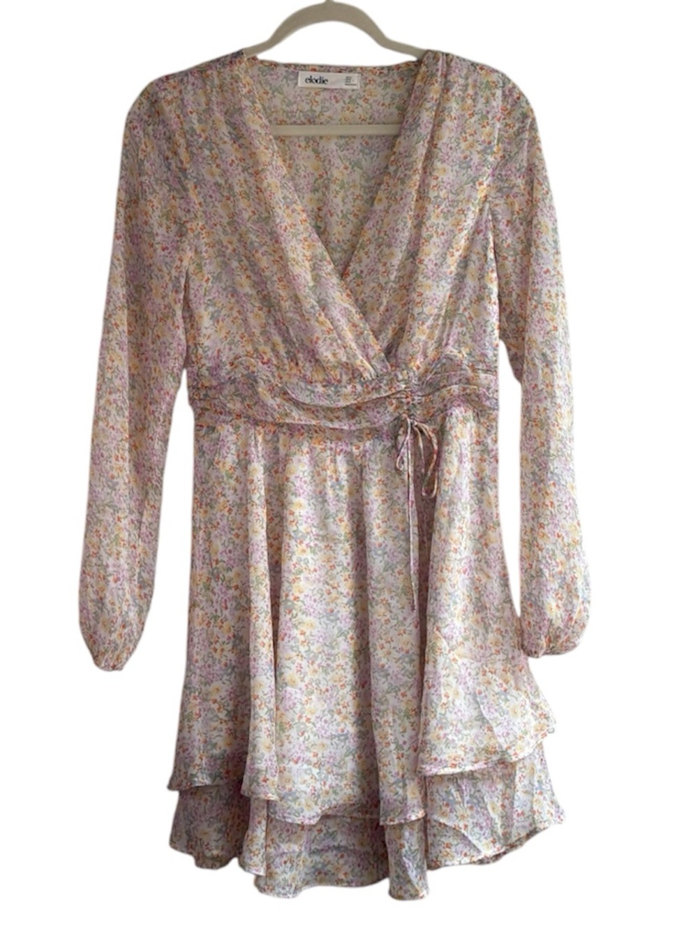 Elodie Floral Print Long Sleeve V-Neck Ruffly Mini Dress Size XS